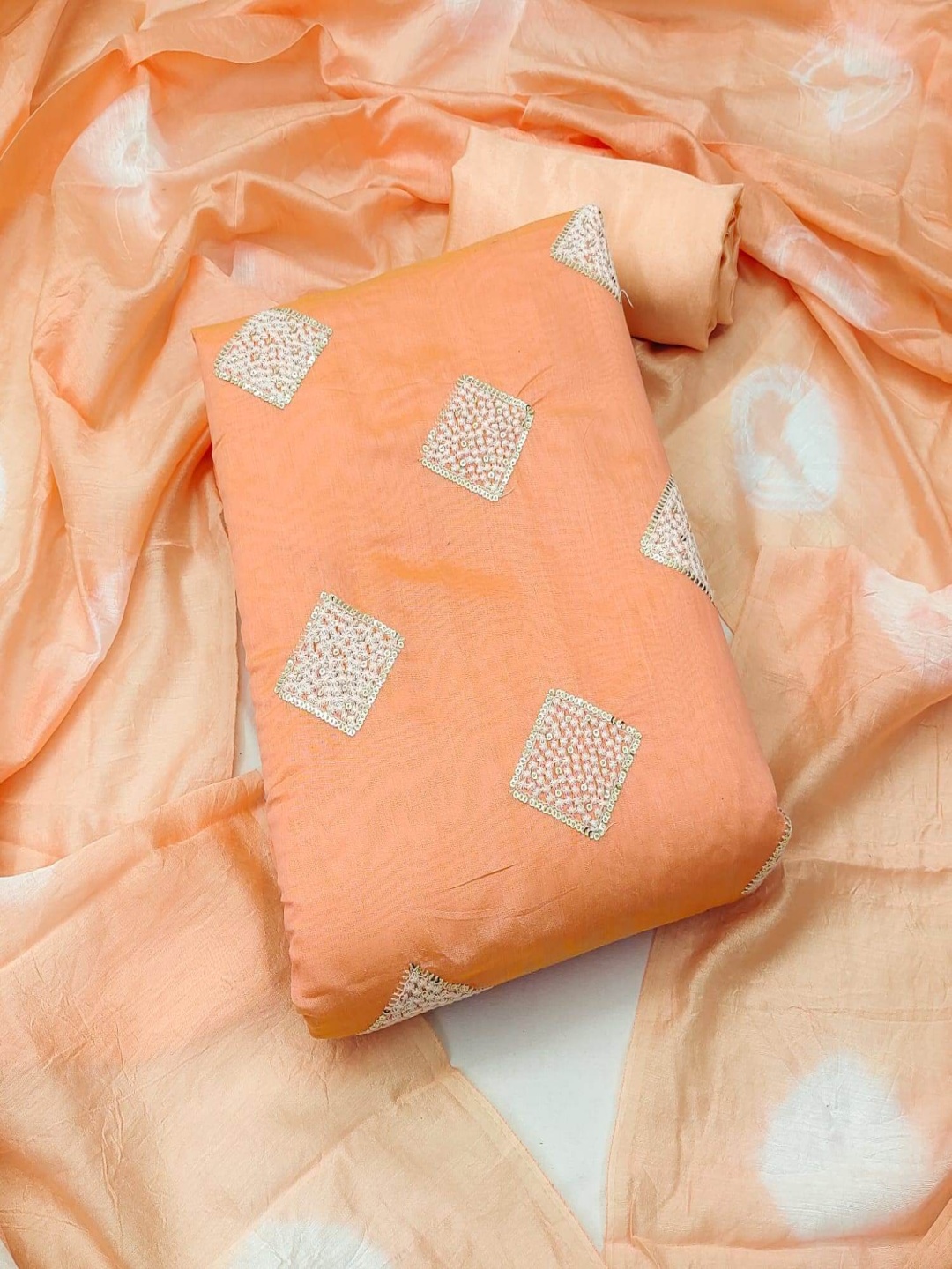 

Aika Geometric Sequence Embellished Pure Silk Unstitched Dress Material, Peach