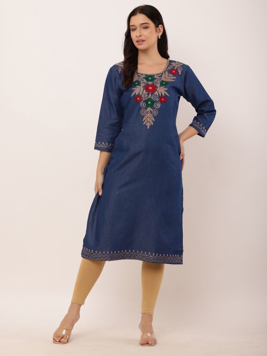 

Sellingsea Women Embroidered Thread Work Denim Kurta, Blue