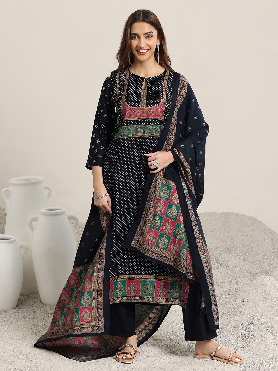 

Libas Women Bandhani Printed Regular Kurta with Trouser & With Dupatta, Navy blue