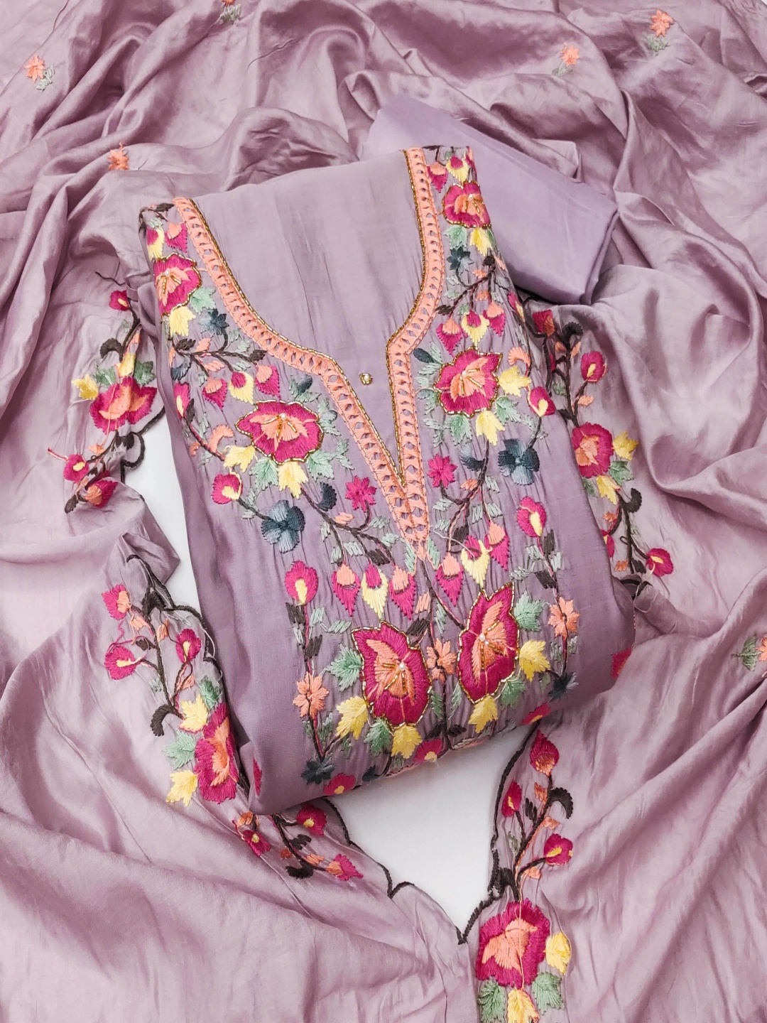 

HERE&NOW Floral Embroidered Beads And Stones Unstitched Dress Material, Lavender