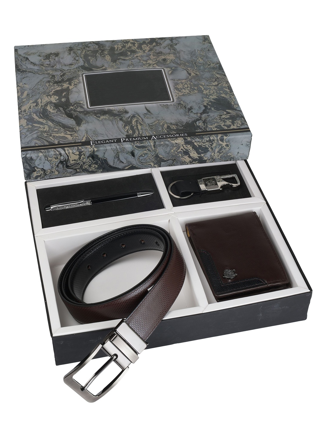 

SAZARA Men Reversiable Belt , Wallet, Keychain and Pen Accessory Gift Set, Brown