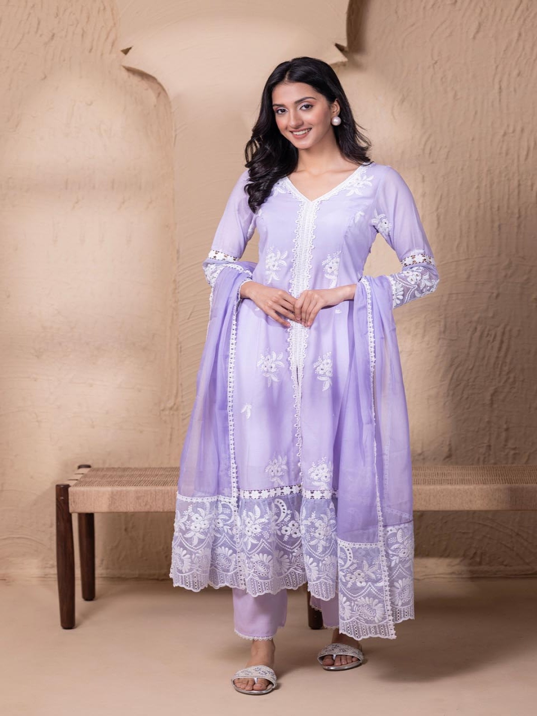 

SEW Floral Embroidered Schiffli Pure Cotton A Line Kurta With Palazzos & Dupatta, Lavender