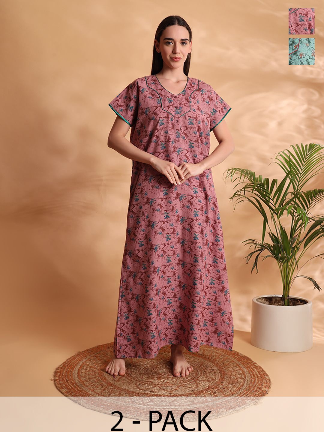 

G4Girl Women Pack Of 2 Printed Maxi Nightdress, Green