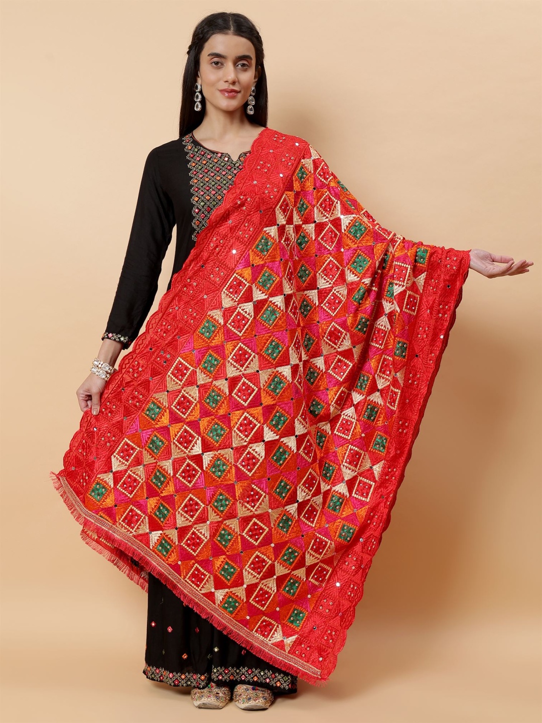 

Moda Chales Ethnic Motifs Embroidered Mirror Work Phulkari Dupatta, Red