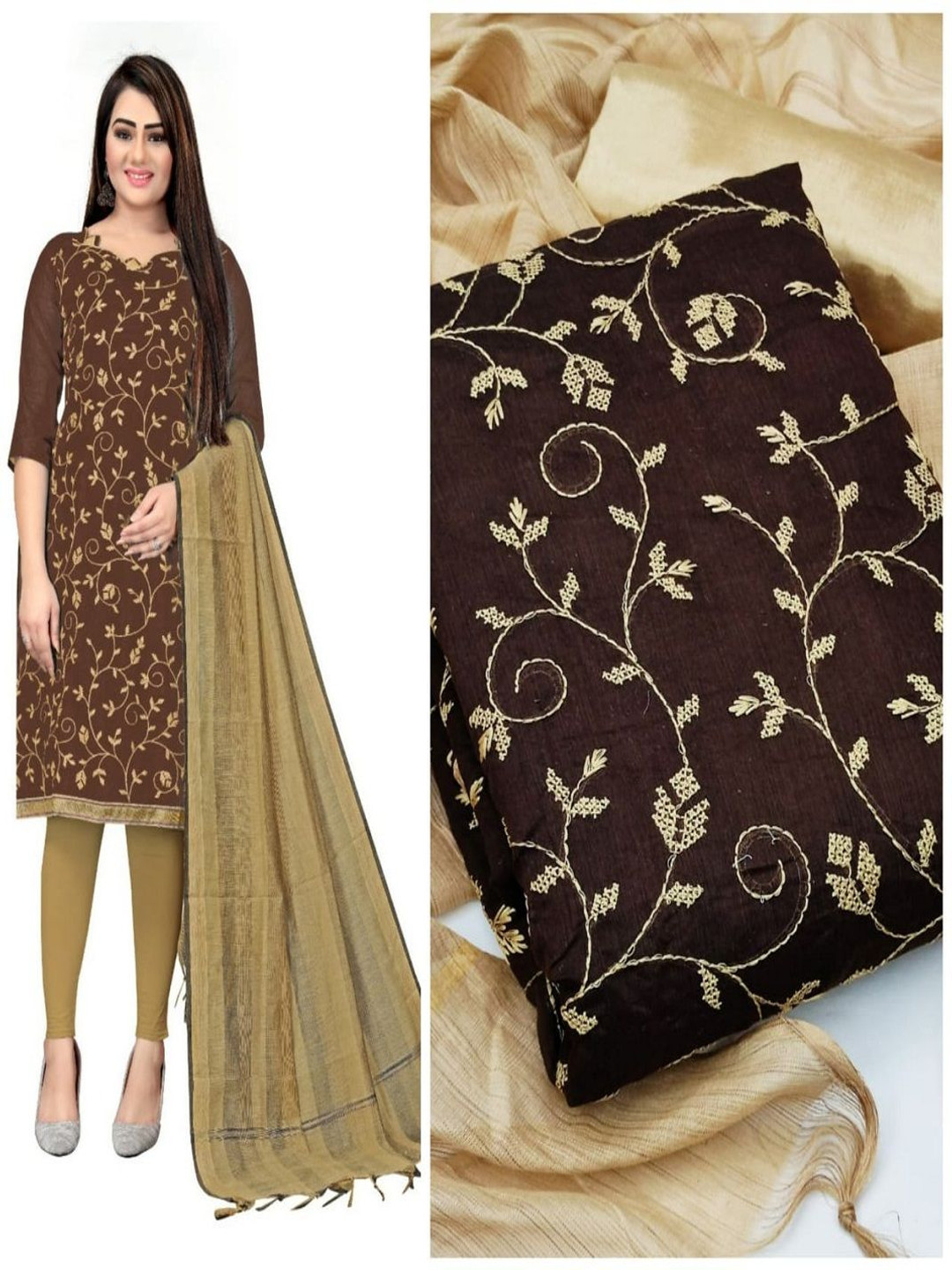 

Aika Floral Embroidered Chanderi Unstitched Dress Material, Brown