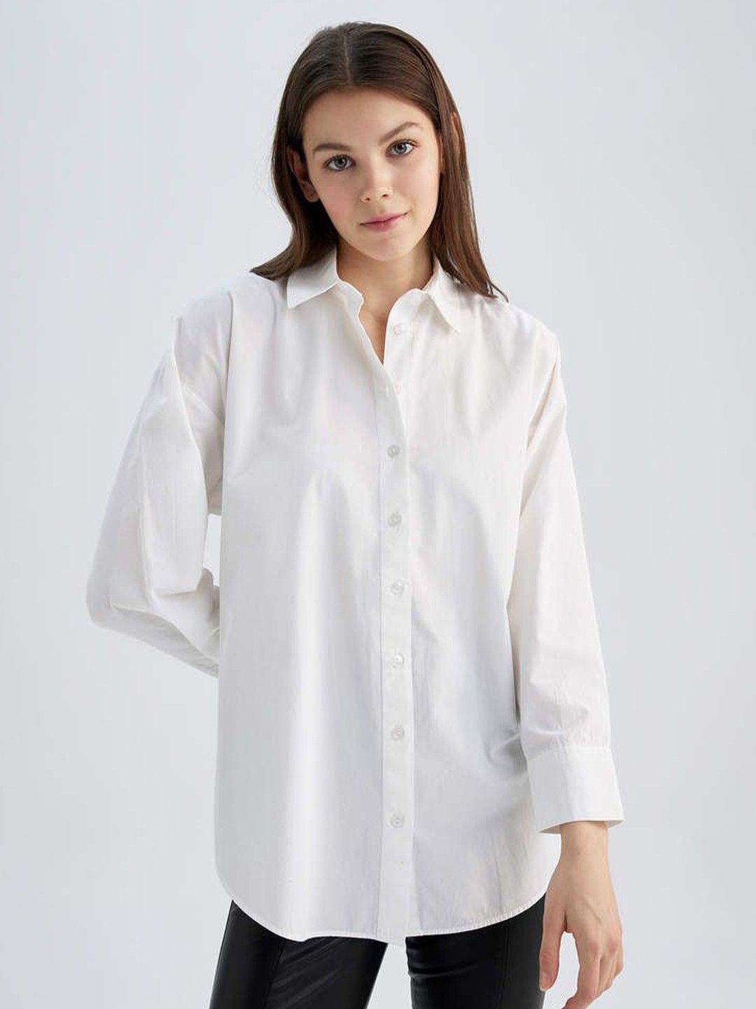 

WHY SO FAB Women Comfort Relaxed Fit Spread Collar Solid Cotton Casual Shirt, White