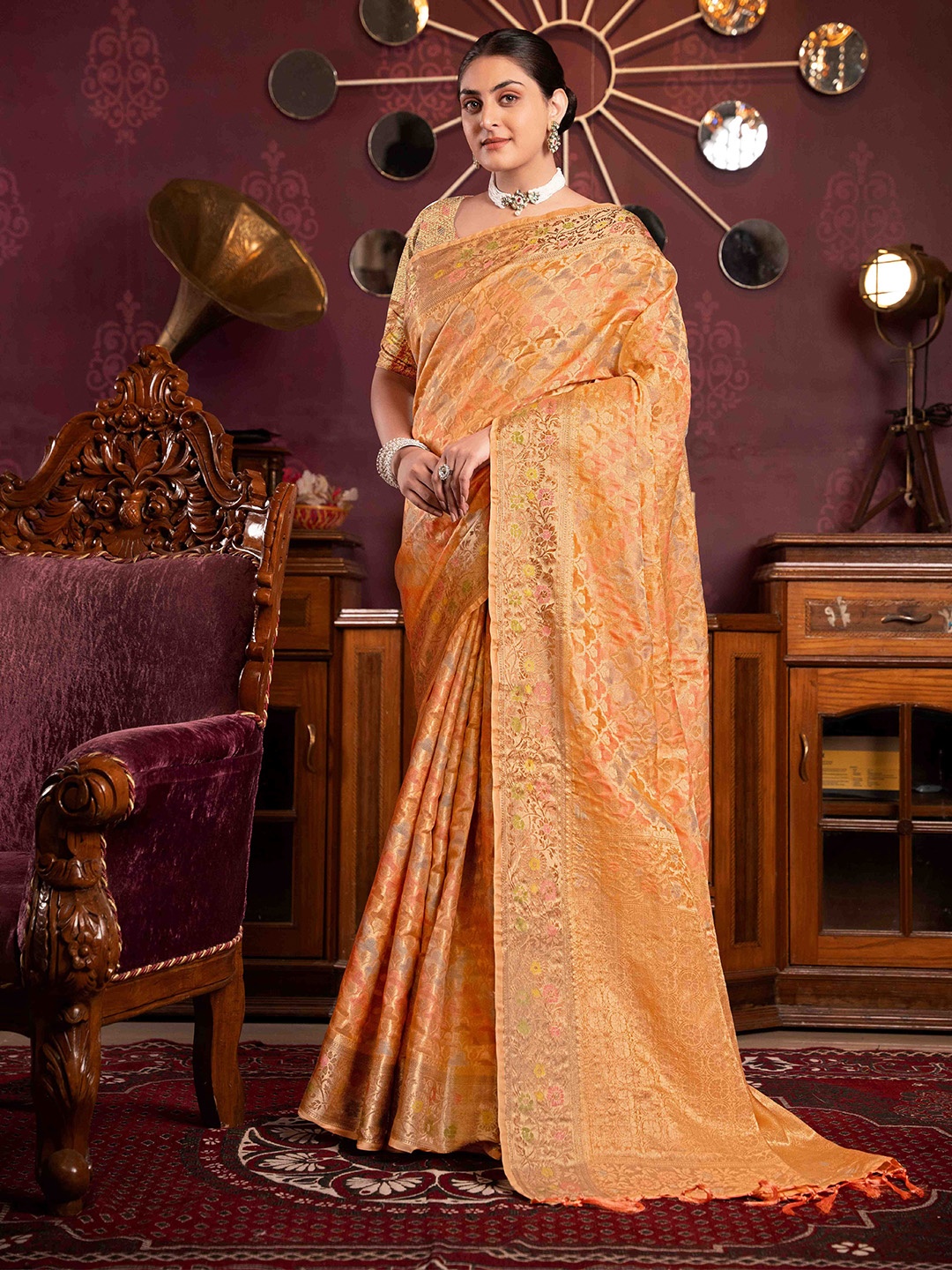 

HEER FASHION Woven Design Organza Banarasi Saree, Orange