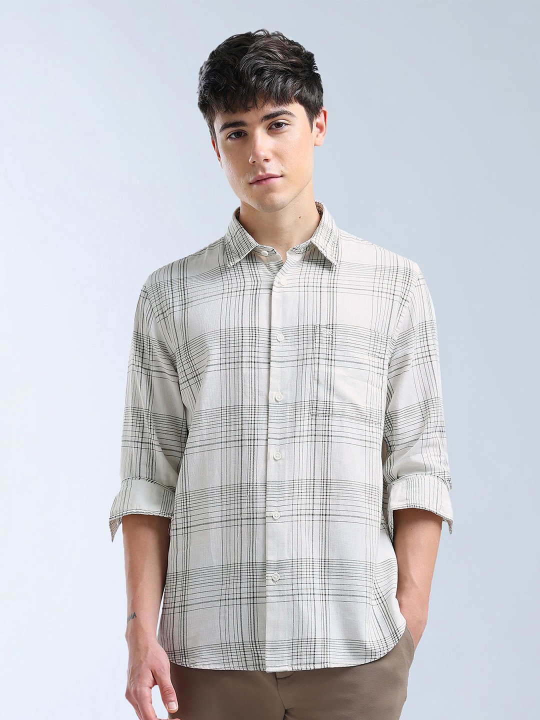 

Flying Machine Classic Tartan Checked Twill Pure Cotton Casual Shirt, White