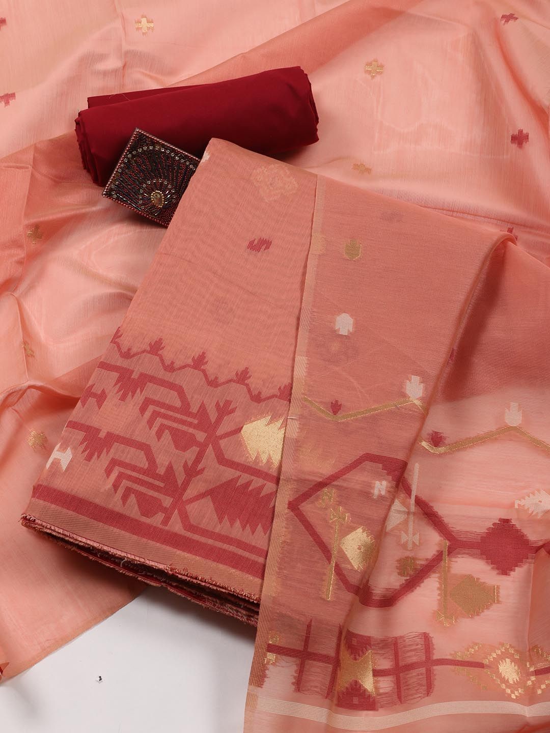 

Meena Bazaar Geometric Woven Design Art Silk Unstitched Dress Material, Rust