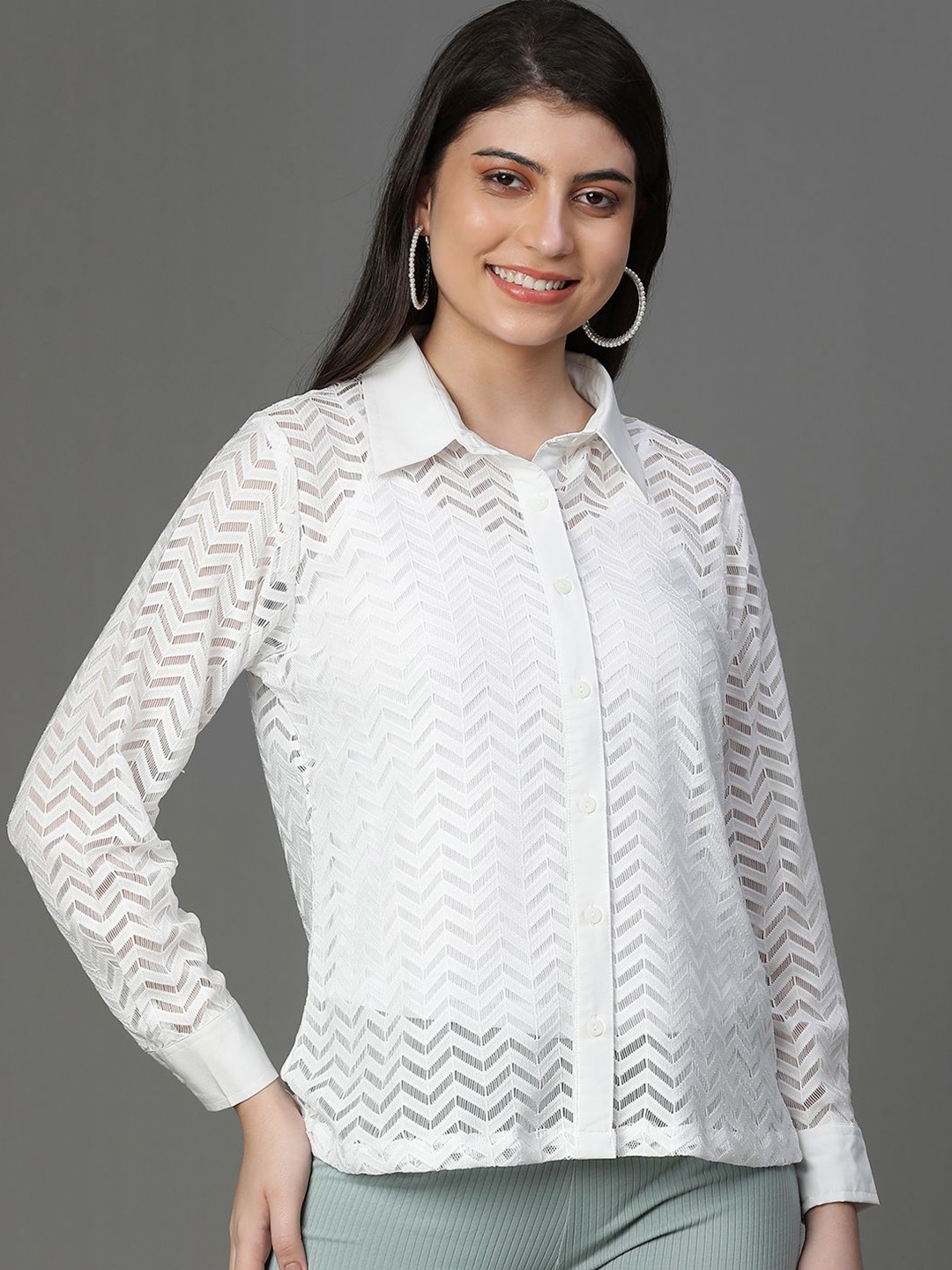 

VEGAL Women Self Design Cotton Shirt Style Top, White