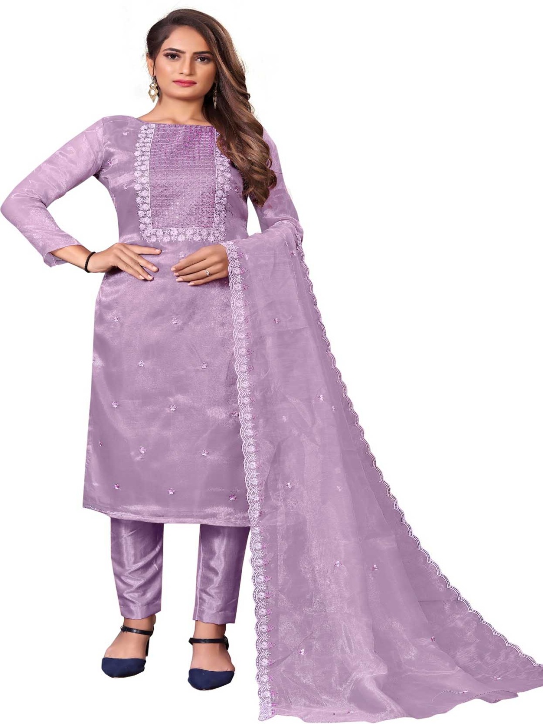 

Aika Floral Embroidered Sequinned Organza Unstitched Dress Material, Purple
