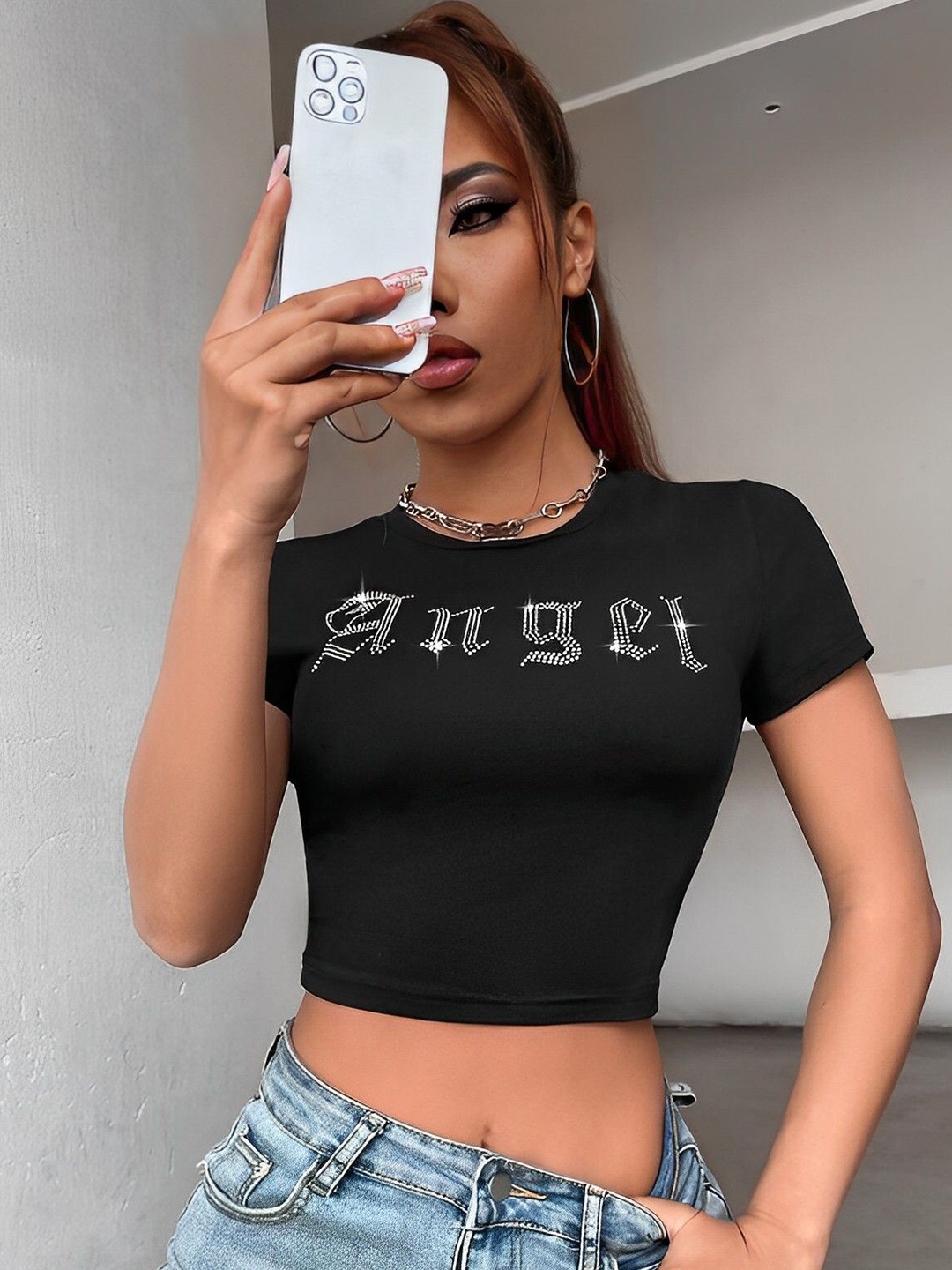 

sollobell Print Cotton Crop Top, Black