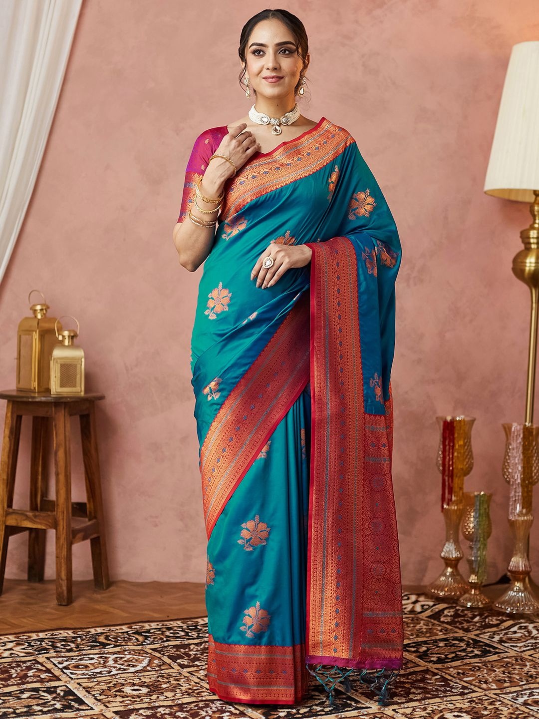 

Satrani Woven Design Zari Pure Silk Banarasi Saree, Blue