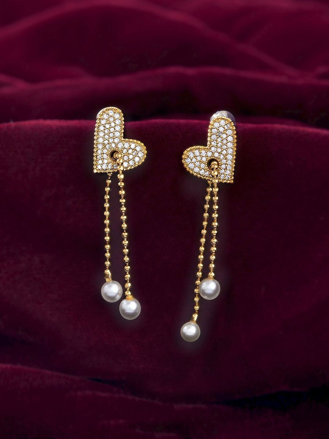 

Voylla Trendy Pearly Kisses Gold-Plated Heart Shaped Brass American Diamond Drop Earrings