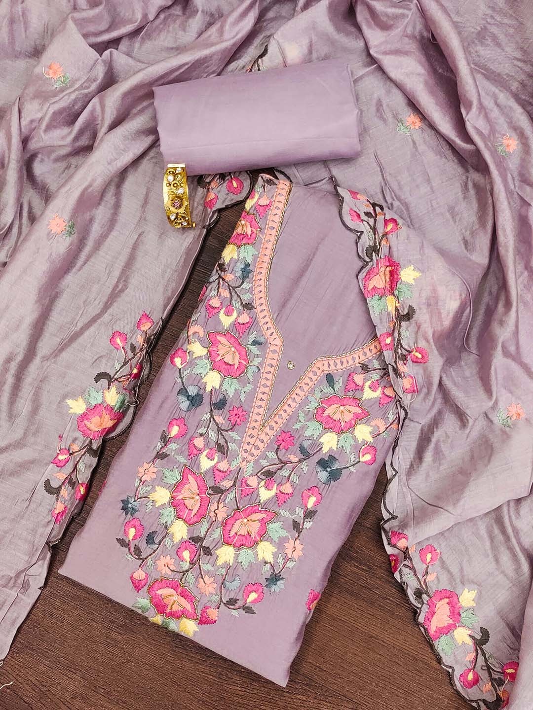 

HERE&NOW Floral Embroidered Unstitched Dress Material, Lavender