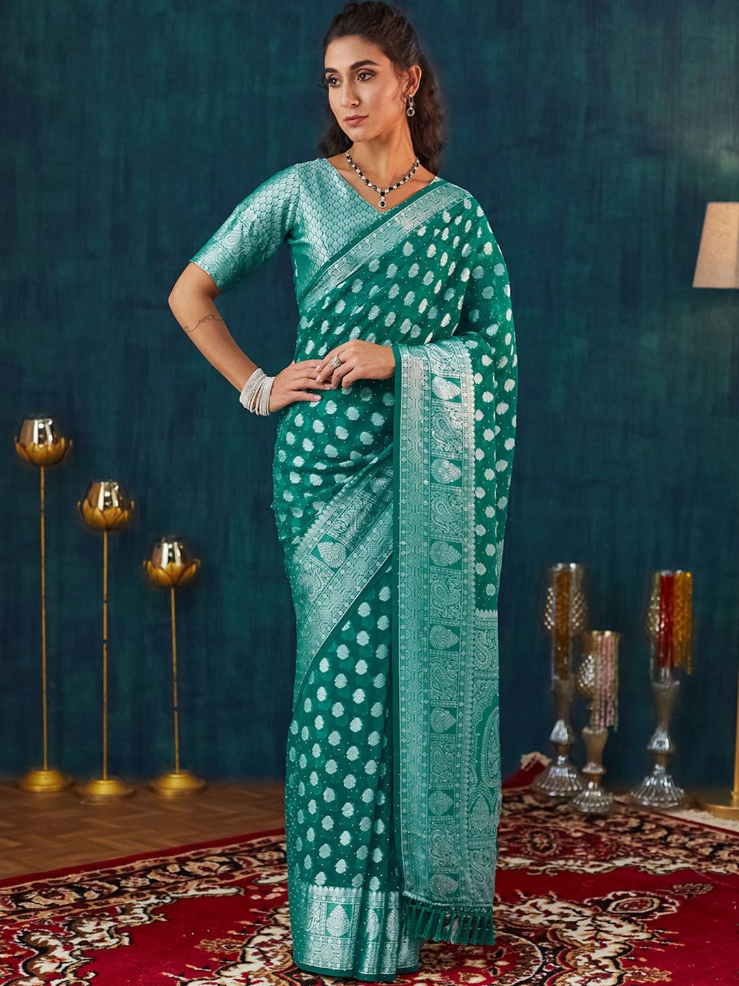 

Satrani Woven Design Pure Georgette Saree, Green