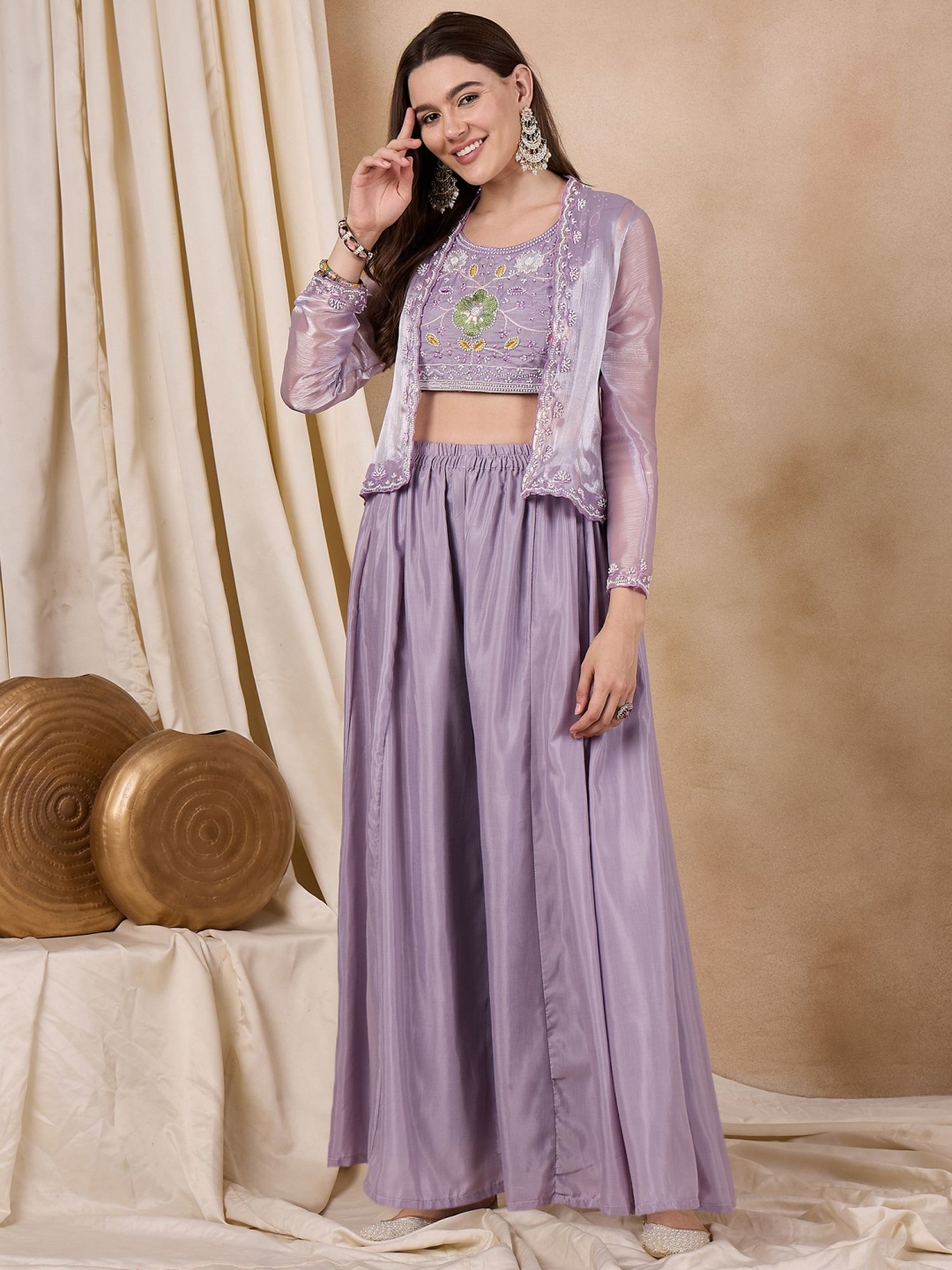 

RAJGRANTH Floral Embroidered Round Neck Pure Silk Top With Palazzo And Jacket, Lavender