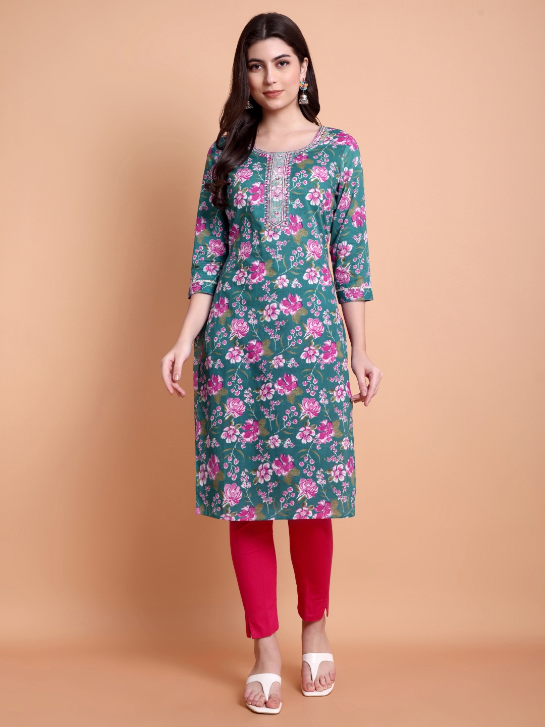 

WILL BOTTOM Floral Printed Cotton Round Neck Straight Kurta, Green