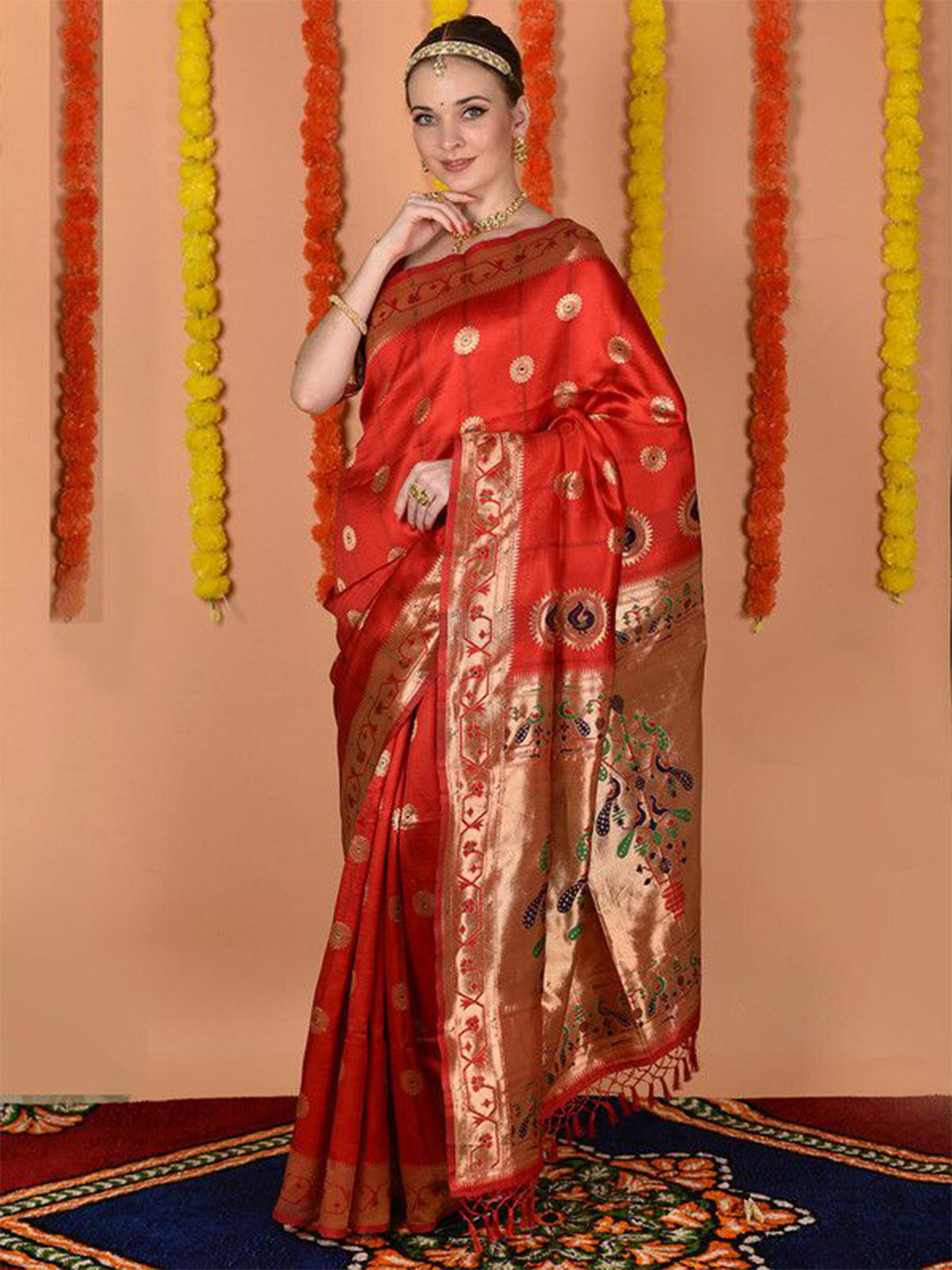 

sagarika Ethnic Motifs Zari Paithani Saree, Red