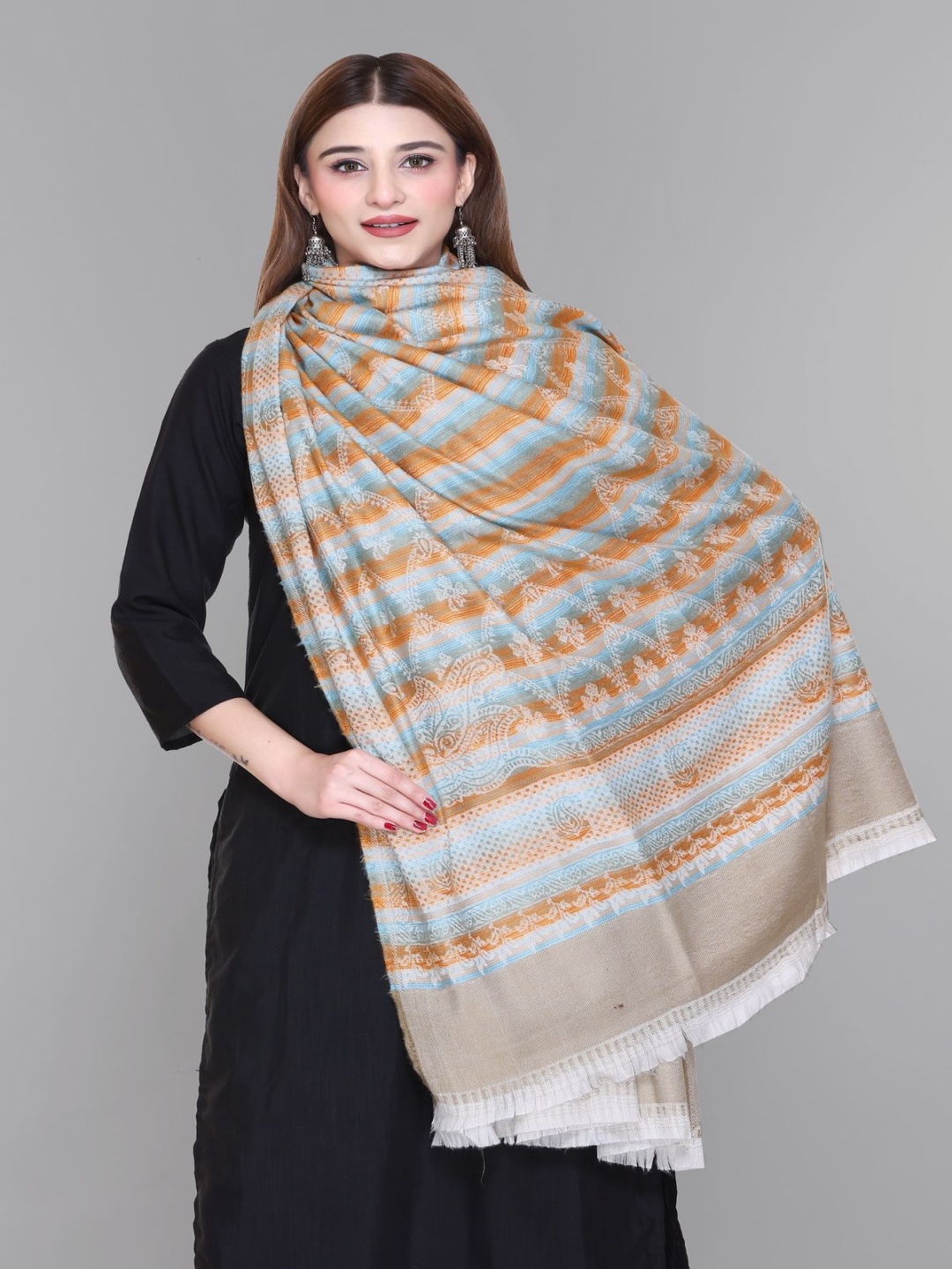 

Tones-N-Shades Striped Embroidered Acrylic Shawl, Beige