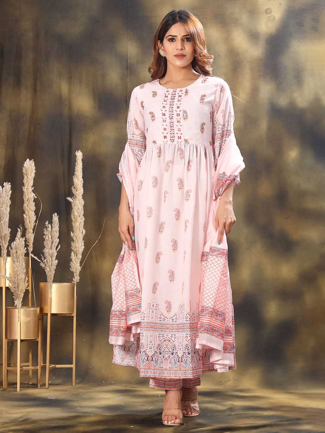 

sewingkrafts Women Floral Printed High Slit Sequinned Pure Cotton Kurta with Palazzos & With Dupatta, Pink