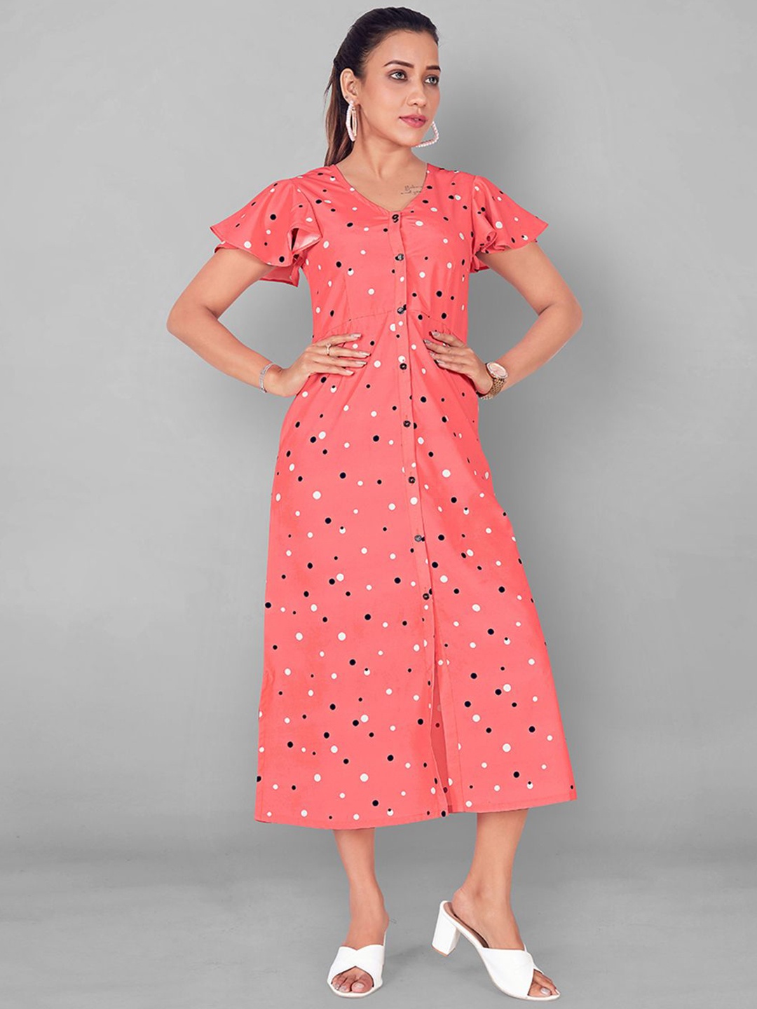 

BAESD Women Polka Dot Printed Flared Sleeve Chiffon A-Line Midi Dress, Coral