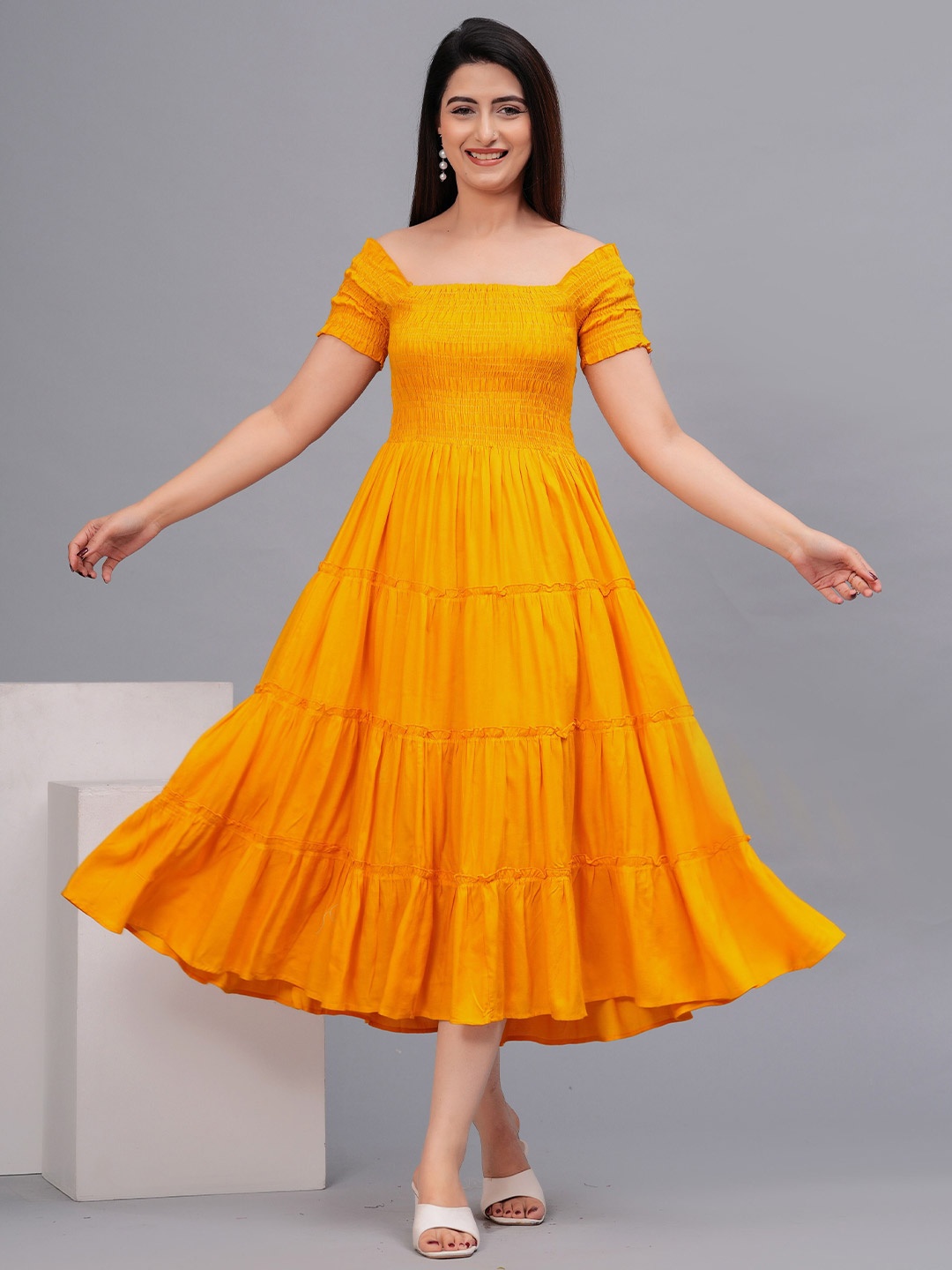 

Fmkcreation Women Square Neck Fit & Flare Midi Dress, Yellow