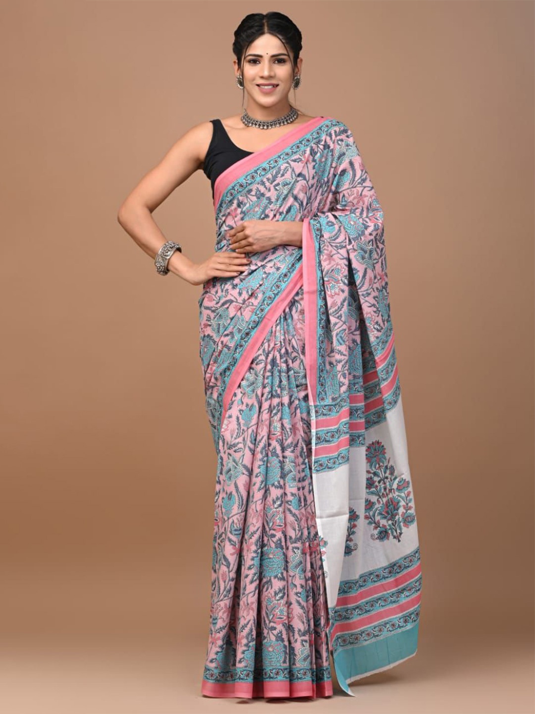 

Craft Musium Floral Pure Cotton Bagru Saree, Pink