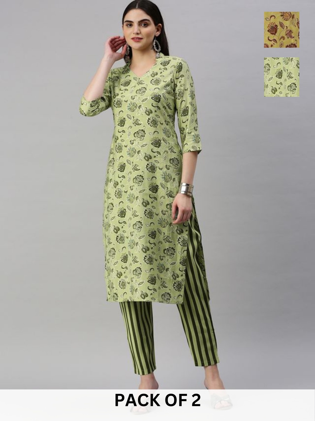 

KALINI Selection Of 2 Floral Printed Round Neck Straight Kurtas With Trousers, Green