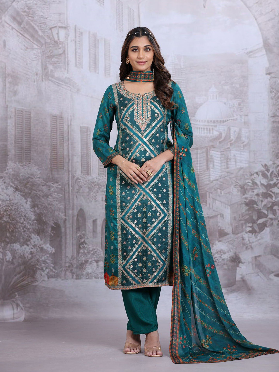 

FREYAA Silken Serenity Floral Woven Design Zari Straight Kurta With Trousers & Dupatta, Turquoise blue