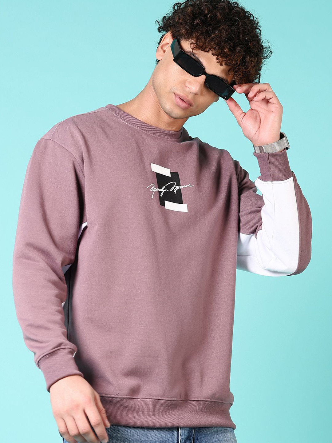 

V-Mart Men Printed Fleece Round Neck Sweatshirt, Mauve