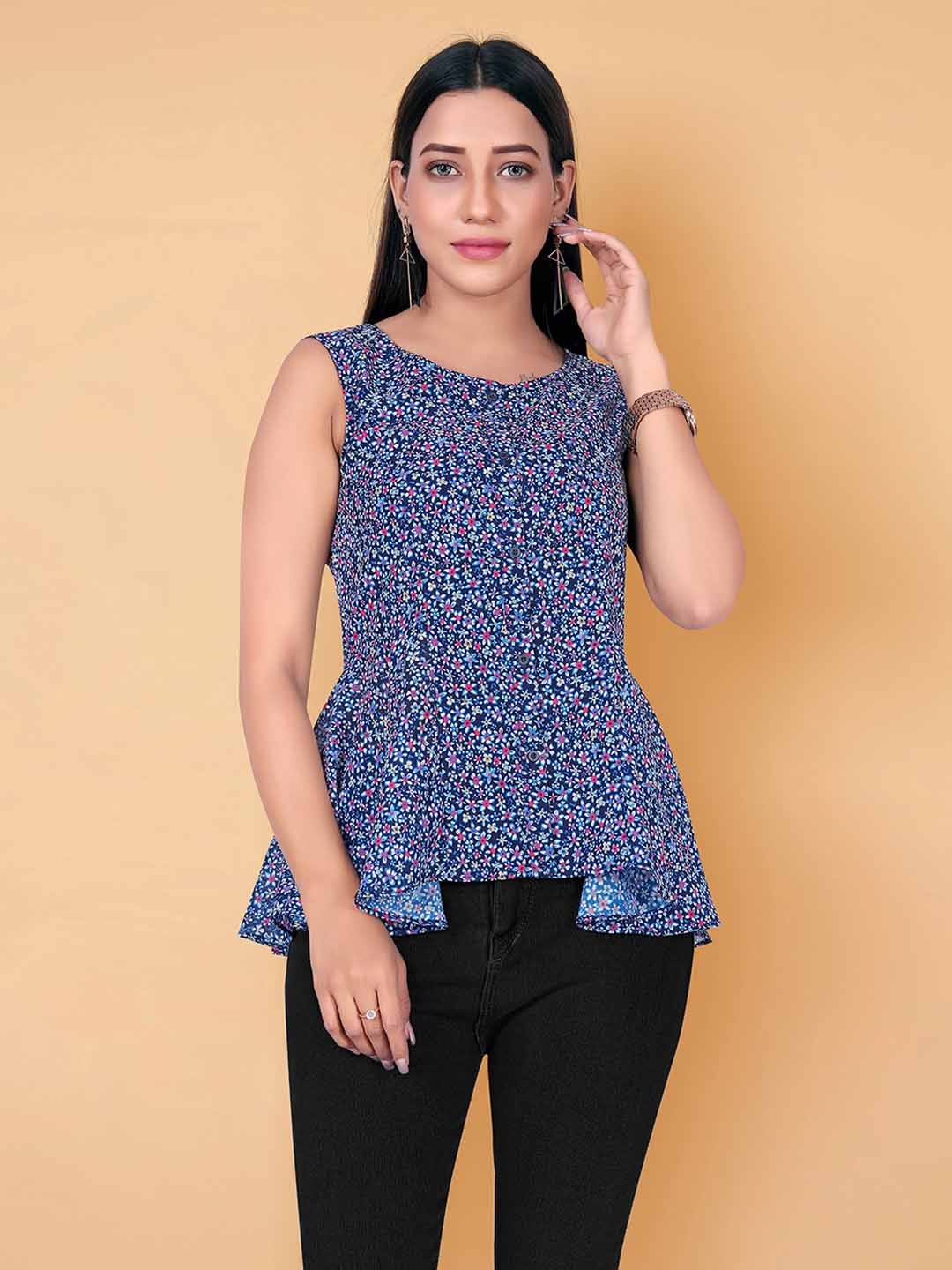 

BAESD Floral Print Georgette Top, Navy blue