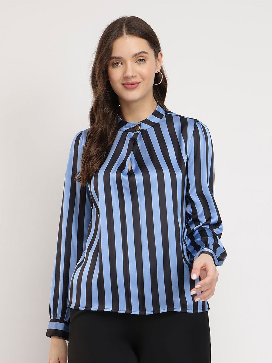 

FableStreet Striped Mandarin Collar Satin Shirt Style Top, Blue