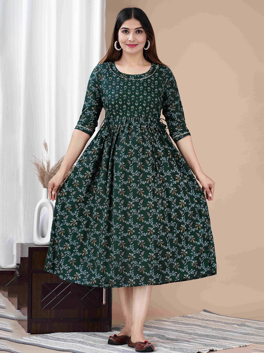 

mad fury Cotton Printed Fit and Flare Maternity Midi Dress, Green
