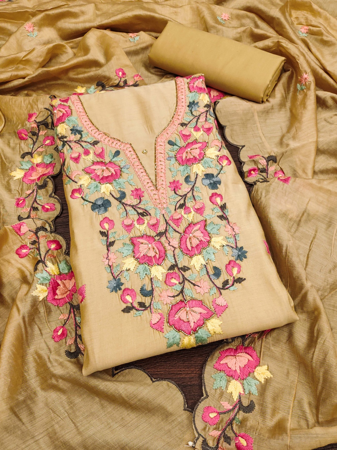 

HERE&NOW Floral Embroidered beads and Stones Unstitched Dress Material, Beige
