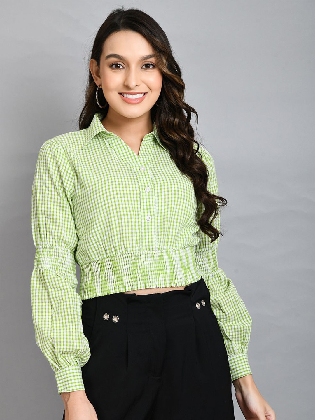 

DressBerry Women Checked Puff Sleeve Cotton Shirt Style Crop Top, Green
