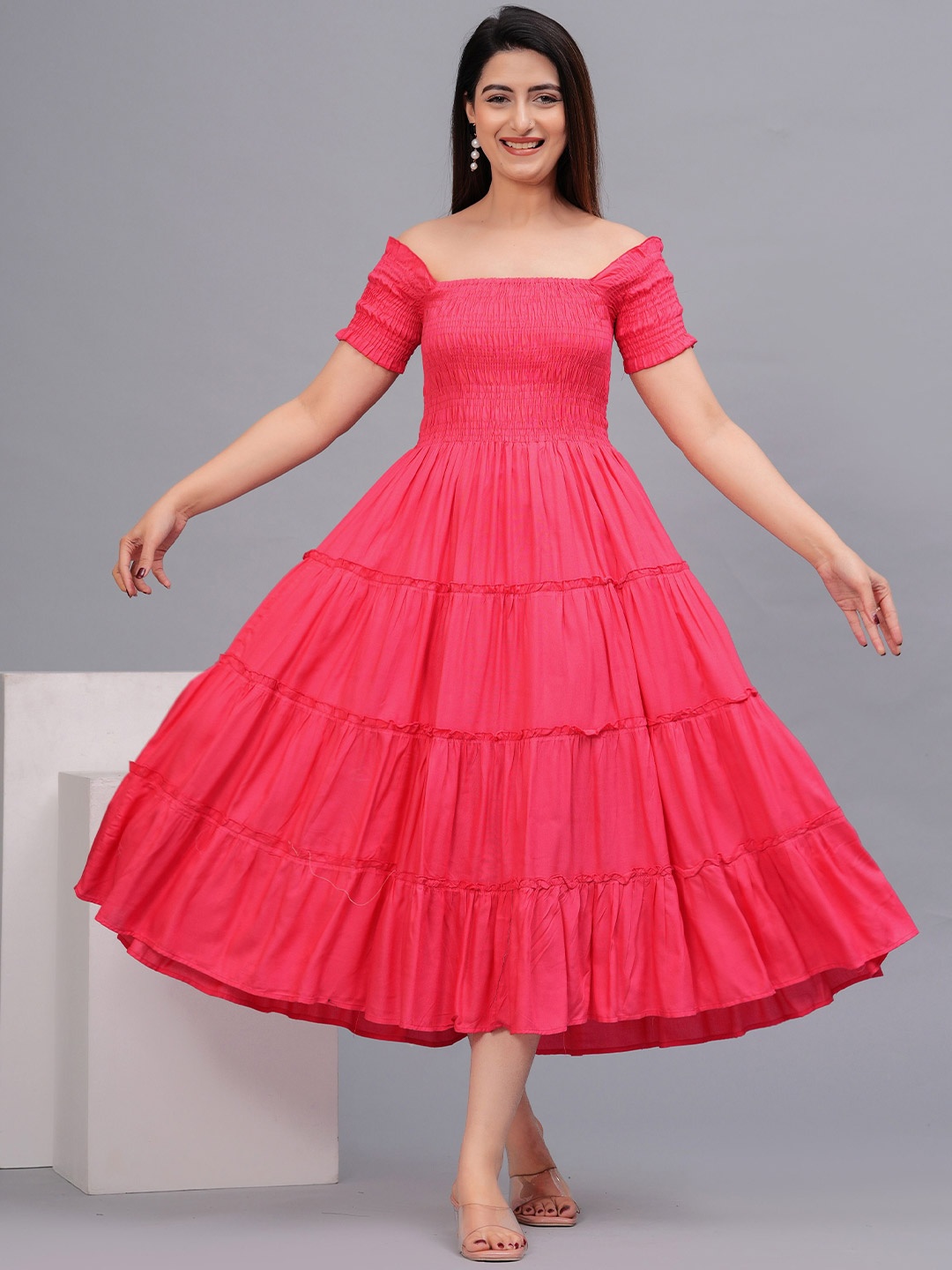 

Fmkcreation Women Square Neck Fit & Flare Midi Dress, Red