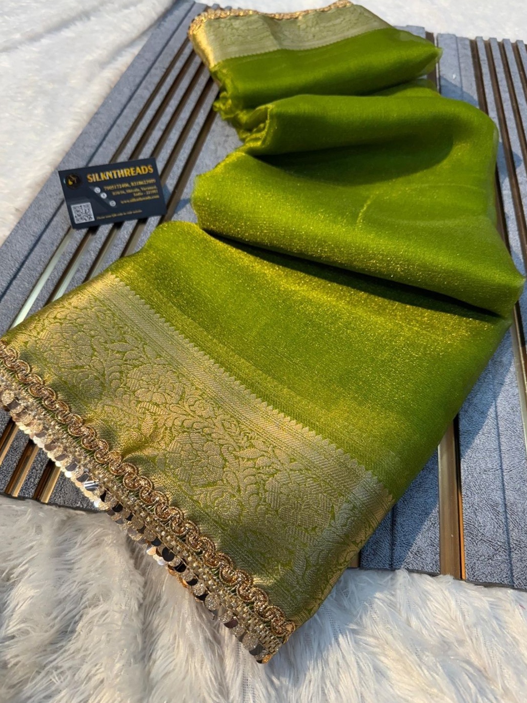 

DIVASTRI Embellished Patchwork Tissue Banarasi Saree, Olive