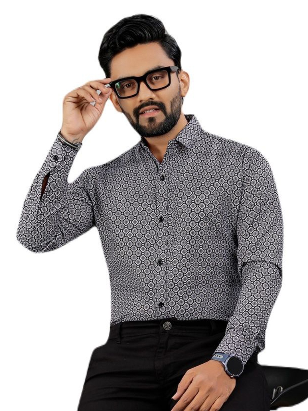 

KHUSHI CREATION Men Original Slim Fit Spread Collar Floral Printed Cotton Casual Shirt, Black