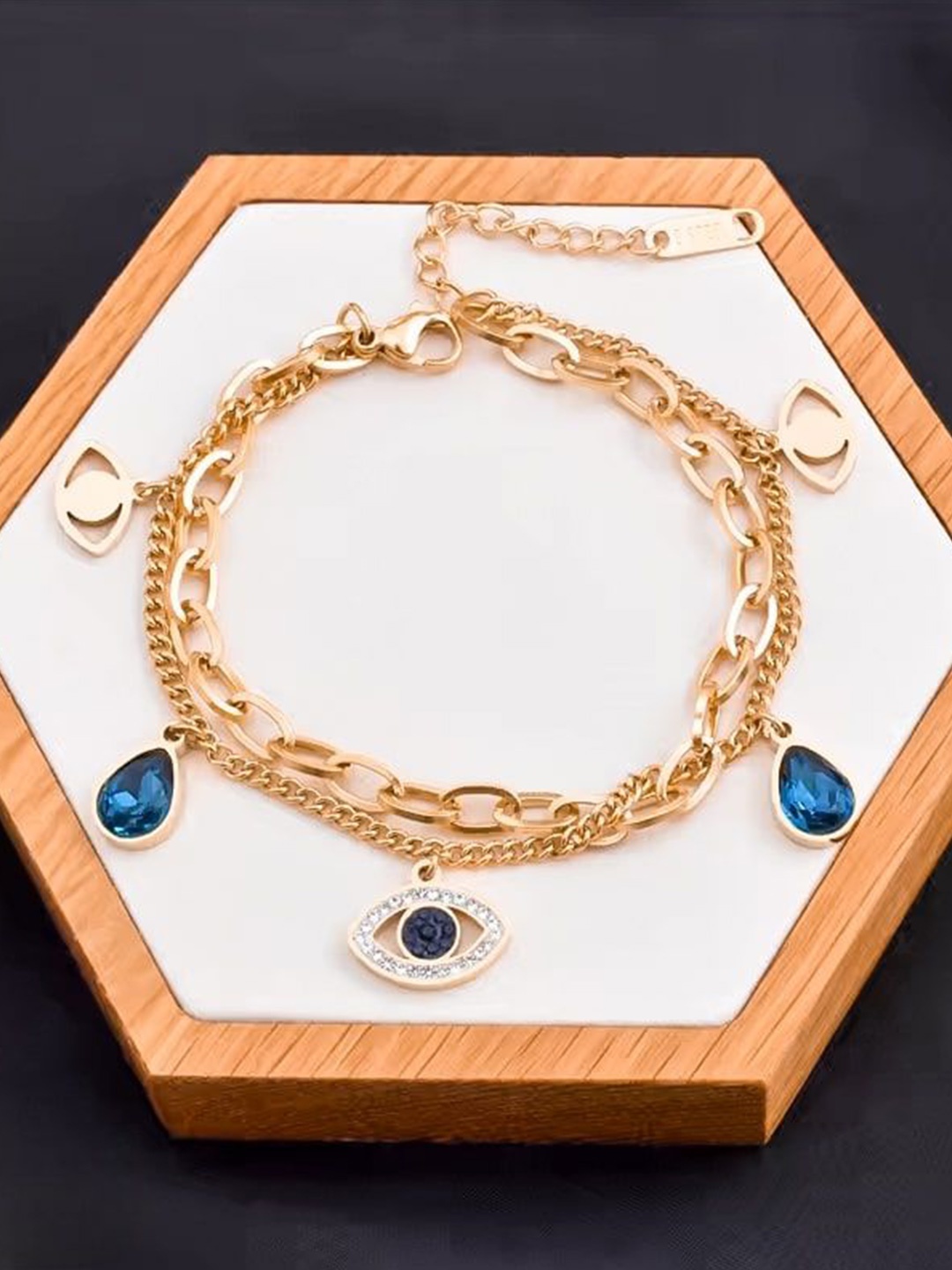 

Zabby Allen Rose Gold-Plated Stainless Steel Stone Studded Evil Eye Charm Bracelet, Copper