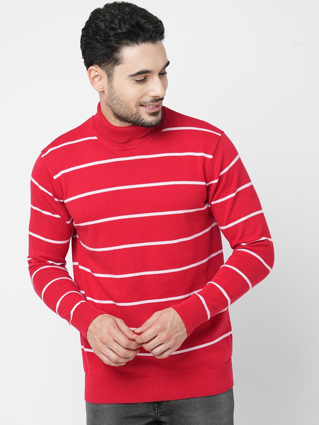 

Loopers Men High Neck Striped Cotton Sweatshirt, Red