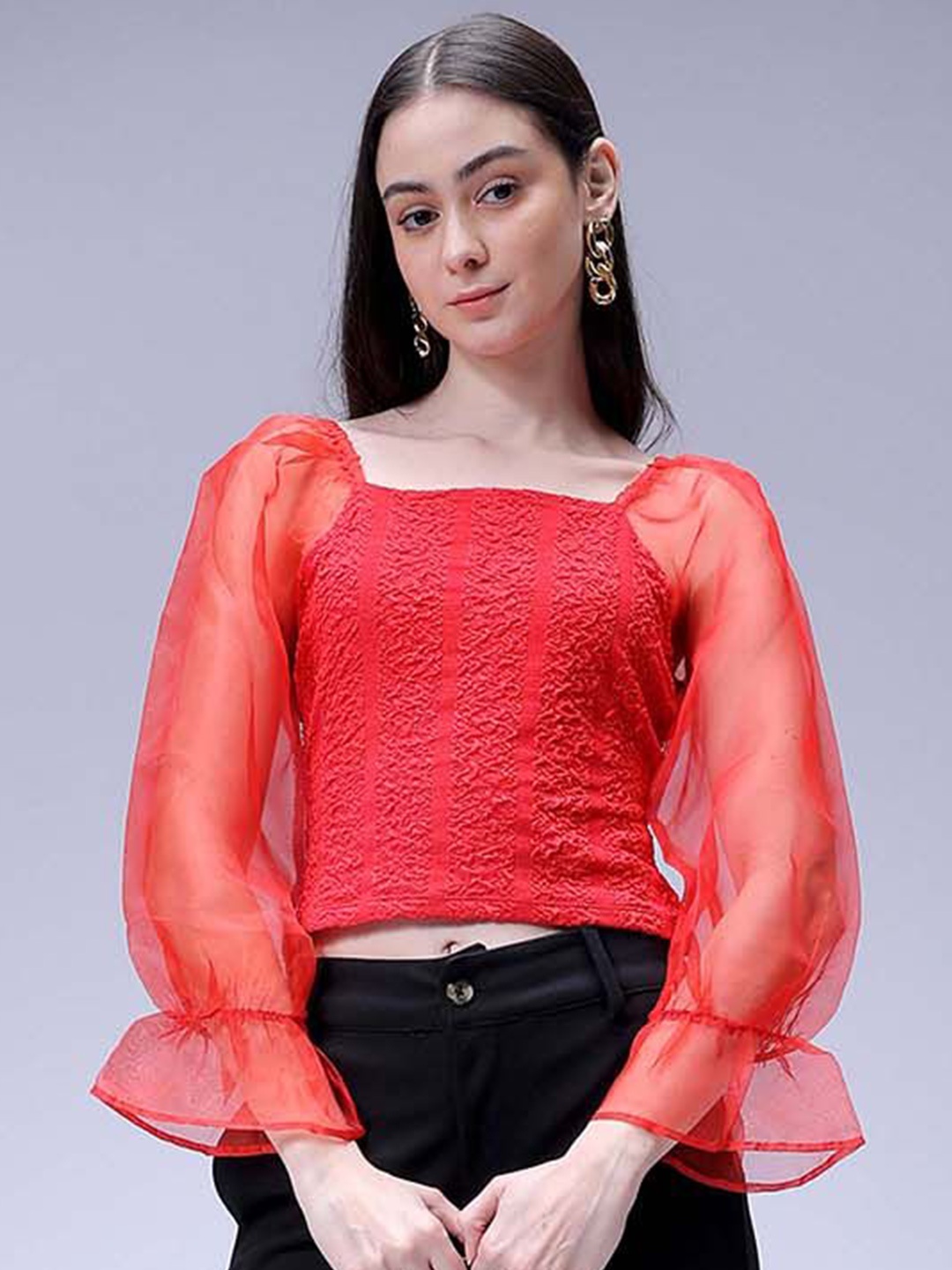 

Freehand by The Indian Garage Co Women Self Design Crop Top, Red