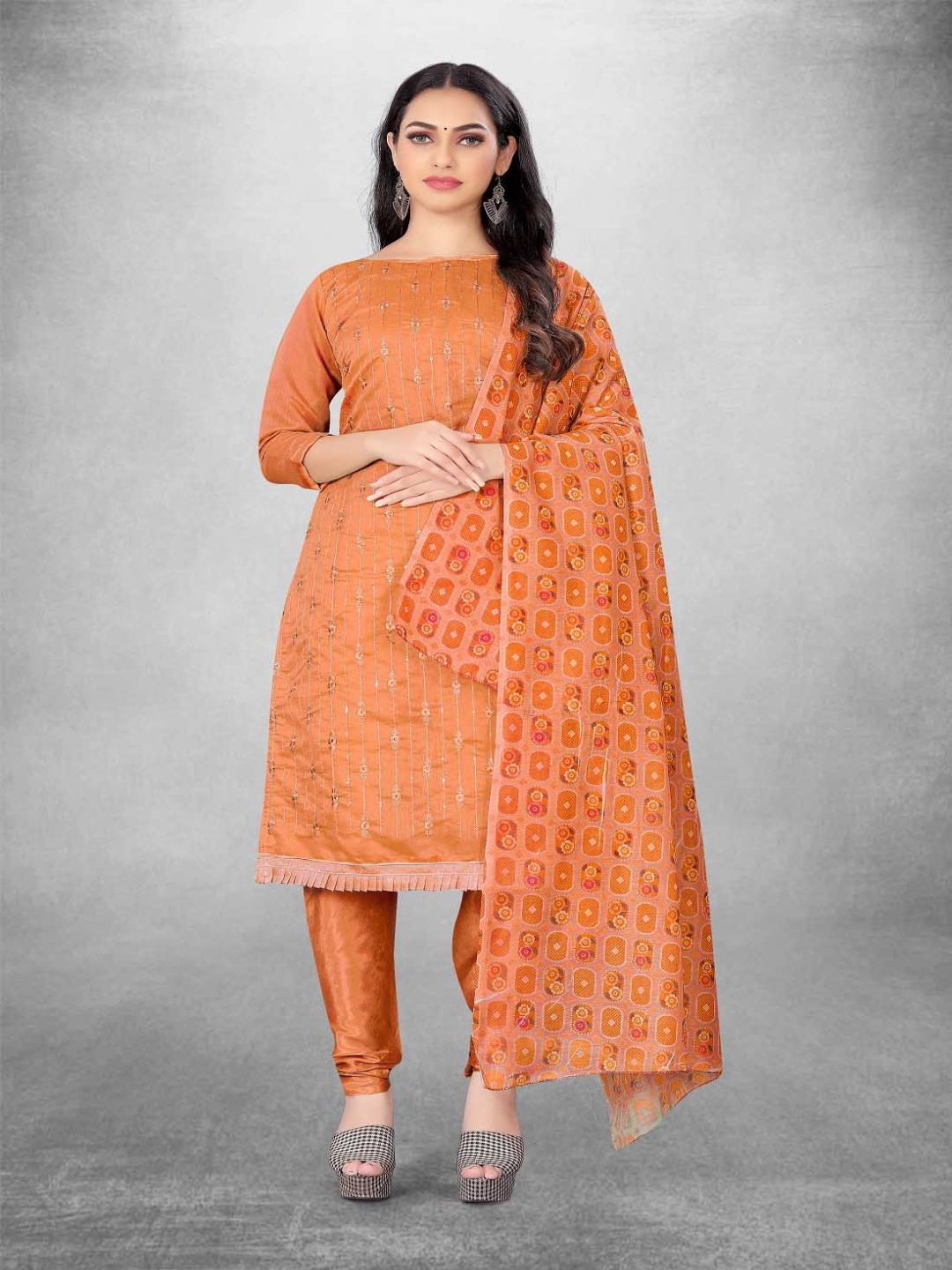 

Aika Floral Embroidered Sequinned Pure Cotton Unstitched Dress Material, Orange