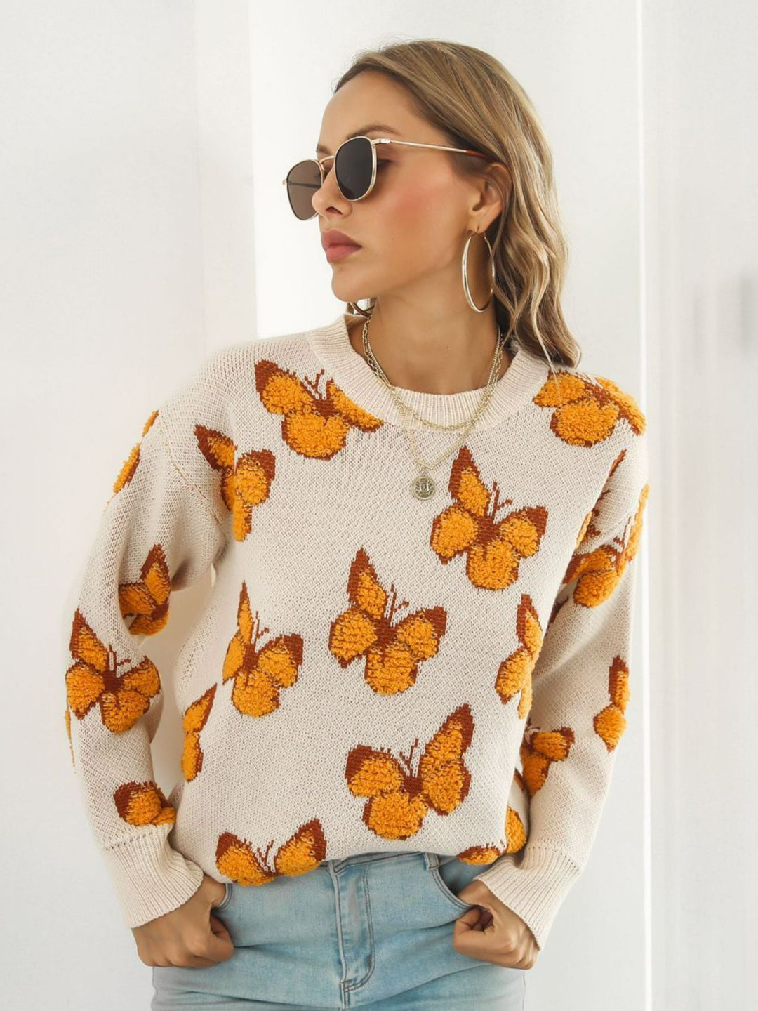 

Oh Rare Women Self Design Quirky Pullover, Beige