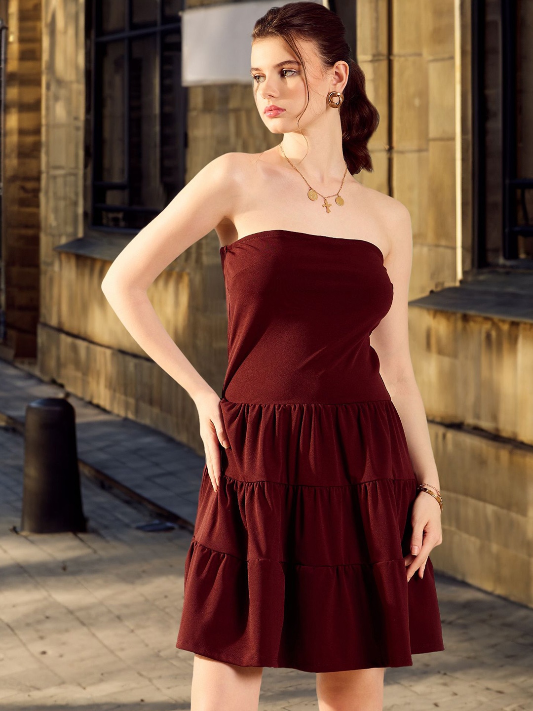 

STYLECAST X KASSUALLY Strapless Tiered Bandeau Dress, Burgundy