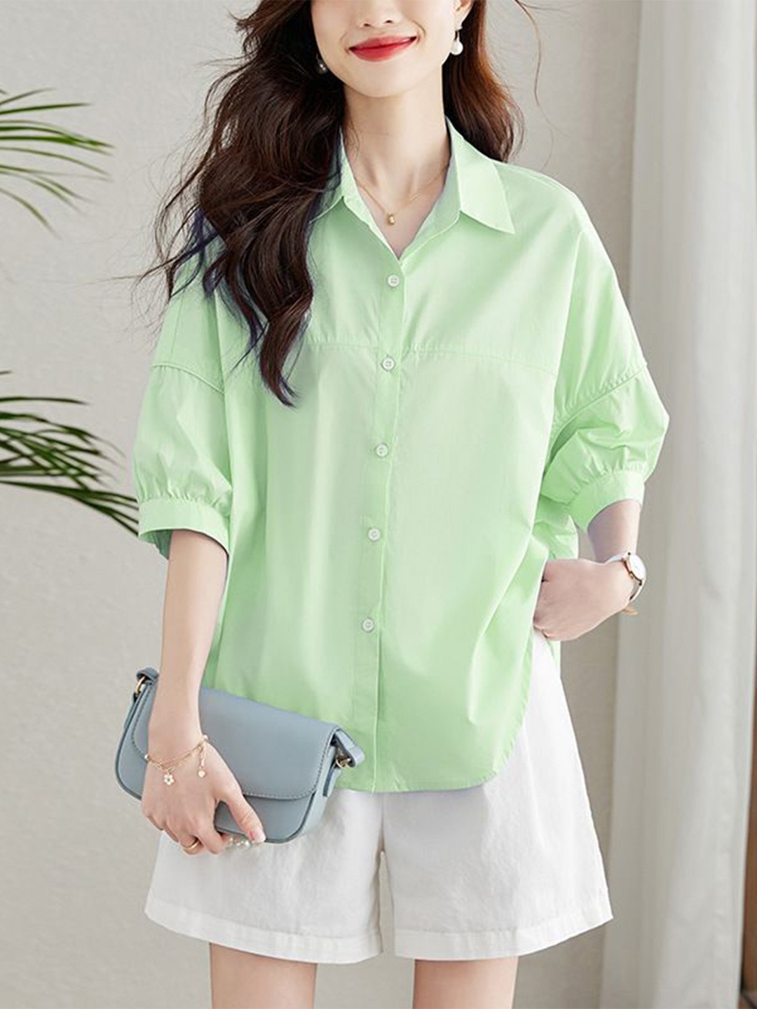 

StyleCast Women Spread Collar Solid Relaxed Fit Cotton Casual Shirt, Green