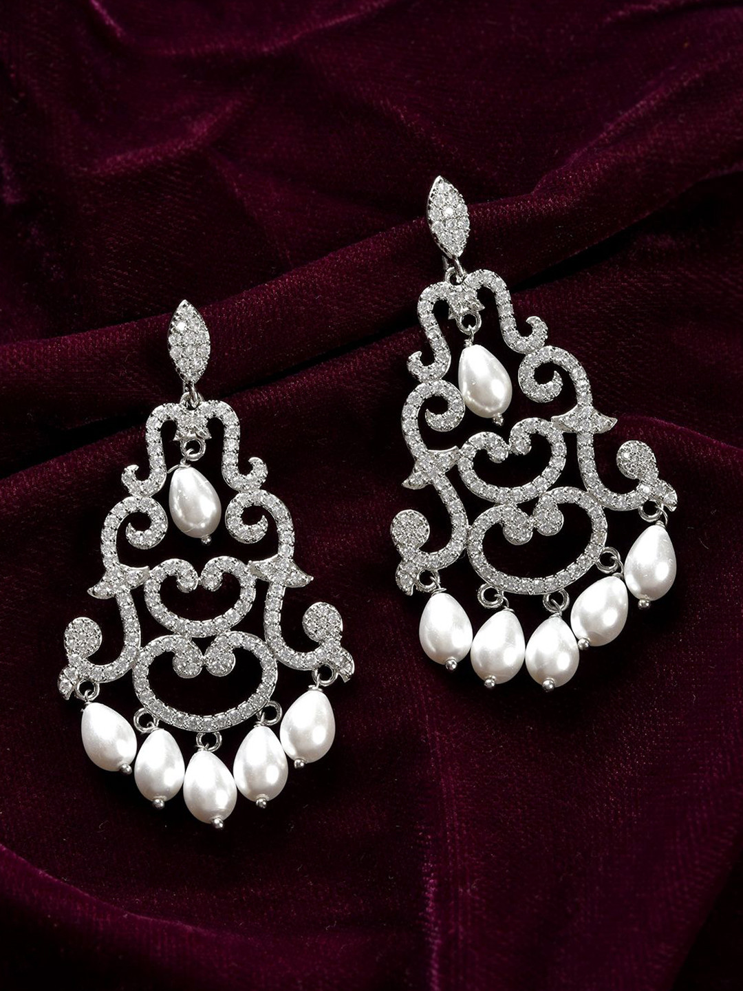 

Voylla Rhodium-Plated American Diamond Floral Drop Earrings, Silver