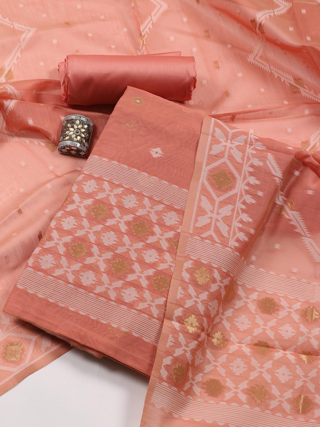 

Meena Bazaar Geometric Woven Design Chanderi Unstitched Dress Material, Peach