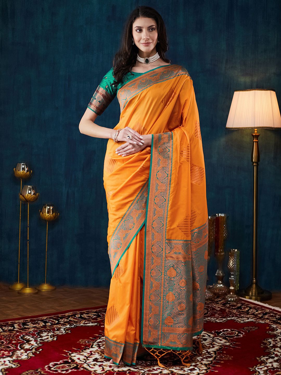 

Satrani Woven Design Zari Pure Silk Banarasi Saree, Orange