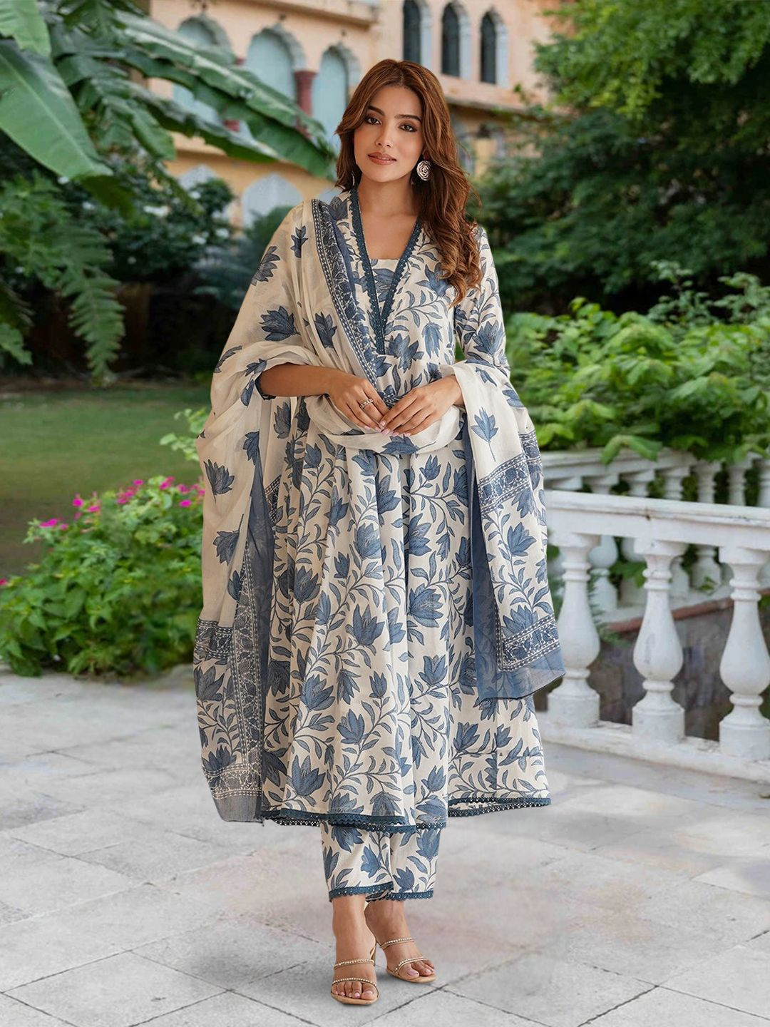 

7Threads Floral Printed V-Neck Anarkali Kurta With Trousers And Dupatta, White